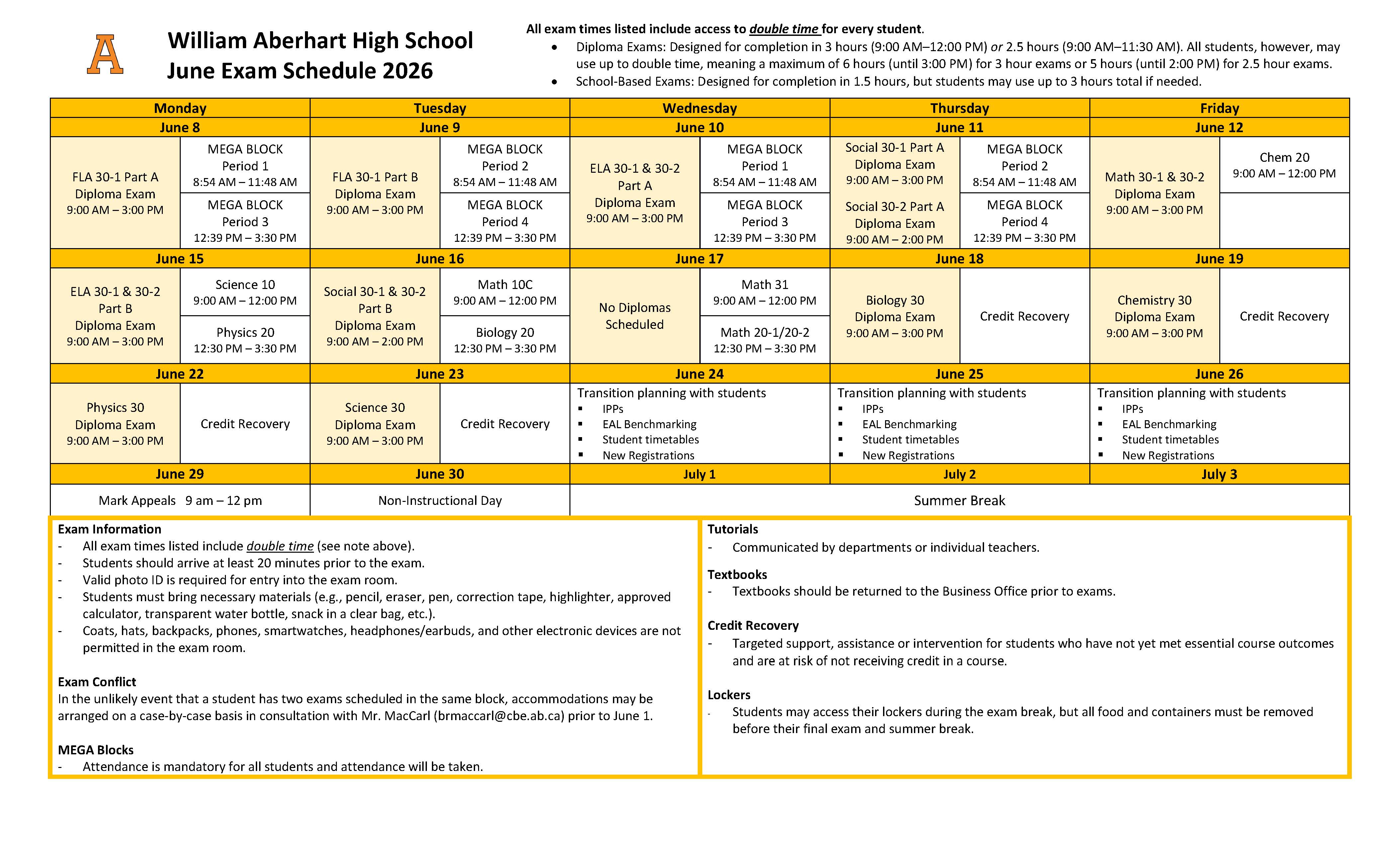WAHS June Exam Schedule | 2026